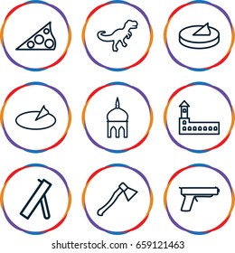 Ancient icons set. set of 9 ancient outline icons such as castle, mosque, sundial, dinosaur, axe weapon, cannon