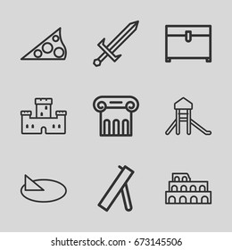 Ancient icons set. set of 9 ancient outline icons such as coliseum, castle, greek column, chest, sundial, sword