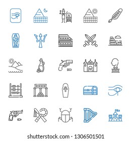 ancient icons set. Collection of ancient with castle, harp, egypt, gun, chest, temple of apollo, abacus, sculpture, olive oil, pyramid, colosseum. Editable and scalable ancient icons.