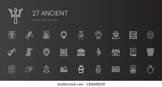 ancient icons set. Collection of ancient with chest, vase, egypt, castle, bast, parthenon, abacus, egyptian, scroll, cannon, socrates. Editable and scalable ancient icons.