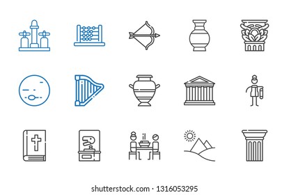 ancient icons set. Collection of ancient with column, pyramid, korean, dinosaur, bible, bast, parthenon, vase, harp, neptune, artemis, abacus. Editable and scalable ancient icons.