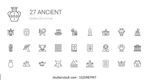 ancient icons set. Collection of ancient with egypt, faucet, pyramid, magic lamp, vase, plato, bible, abacus, minotaur, zeus, mummy, castle. Editable and scalable ancient icons.