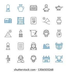 ancient icons set. Collection of ancient with minotaur, castle, egyptian, plato, bast, lyre, colosseum, alexander the great, egypt, vase. Editable and scalable ancient icons.