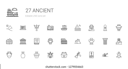 ancient icons set. Collection of ancient with sword, sculpture, armor, oil lamp, vase, pyramid, colosseum, egyptian, bible, parthenon, spellbook. Editable and scalable ancient icons.