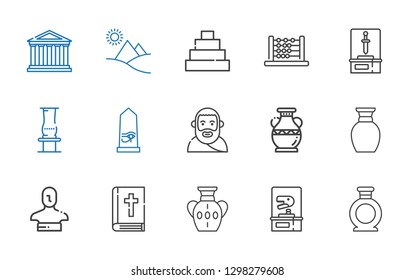 ancient icons set. Collection of ancient with vase, dinosaur, bible, statue, plato, egypt, sword, abacus, pyramid, parthenon. Editable and scalable ancient icons.