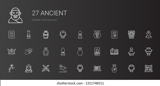 ancient icons set. Collection of ancient with vase, abacus, egyptian, pyramid, swords, alexander the great, faucet, bible, egypt, viking. Editable and scalable ancient icons.