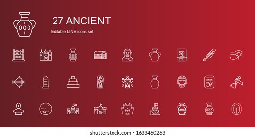 ancient icons set. Collection of ancient with vase, castle, armor, neptune, statue, egyptian, oil lamp, mummy, pyramid, egypt, artemis, dinosaur. Editable and scalable ancient icons.