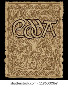 Ancient illustration of the old Norse Edda, the Scandinavian myths. Hero Viking fighting mythical beasts, in the background scandinavian ornament and the inscription of Edda, isolated on black, vector