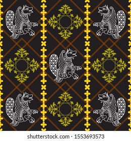 Ancient image of a dragon. White dragon and yellow pattern on a black and brown background. Motives of ancient Byzantine and Chinese fabrics. Suitable for furniture upholstery, textile, paper.