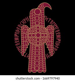 The ancient image of the Raven, and ancient Norse runes, isolated on black, vector illustration