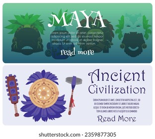 Ancient inca maya civilization banners collection flat vector illustration. Culture and religion of ancient maya, primitive art banners or posters set.