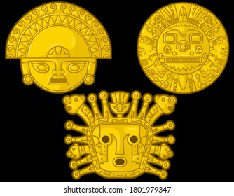 Ancient Incaic gods golden heads over black background. Peruvian Vector Illustration Set