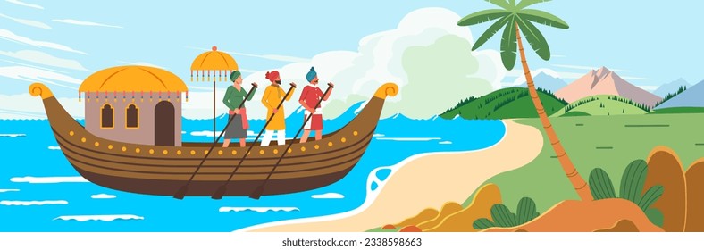 Ancient india people crossed the sea anchored ship to new continent to trade and spread civilization their culture