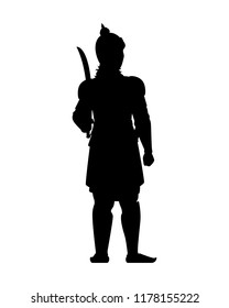 Ancient India warrior with his weapon isolated vector. Fighter silhouette on white background.