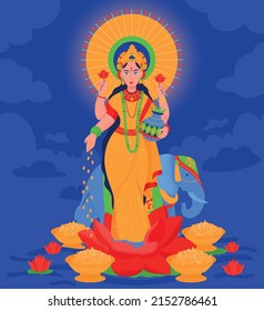 Antiguo dios hindú lakshmi composición deidad en vestido dorado con cuatro brazos puestos entre las flores ilustración vectorial