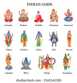 Antiguos dioses hindúes indios colorean ícono aislado con ganesha brahma buddha hanuman saraswati vishnu krishna rama kali parvati lakshmi shiva durga y kamadeva ilustración vectorial