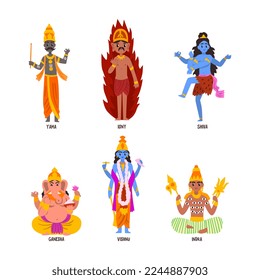 Ancient Indian Hindu Gods and Deity with Yama, Vishnu, Igny, Shiva, Ganesha and Indra Vector Set