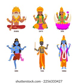 Ancient Indian Hindu Gods and Deity with Brahma, Surya, Soma, Shiva, Yama and Vishnu Vector Set