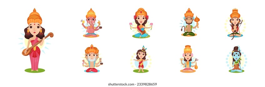 Ancient Indian Hindu Gods and Deity Vector Set