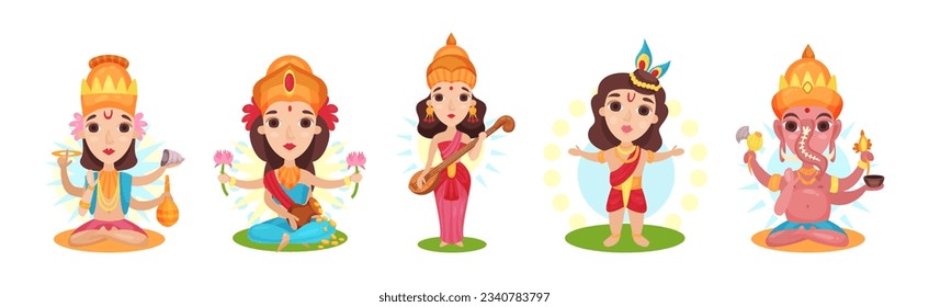 Ancient Indian Hindu Gods and Deity Vector Set