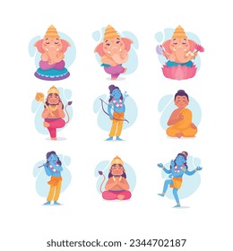 Ancient Indian Hindu Gods and Deity Vector Set