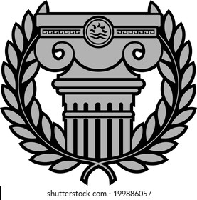 ancient ionic column with laurel wreath. vector illustration