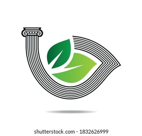 Ancient Ionic column wrapping around green leaves