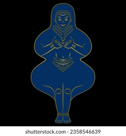 Ancient Iranian fertility goddess. Ishtar or Inanna. Blue and gold silhouette on black background.