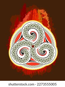 Ancient Irish symbol. Ethnic magic sign. Celtic knot pattern. Triple trickle Celtic spiral ornament. Old triskele vintage. Modern background with triskelion. Circle decoration. Vector illustration.