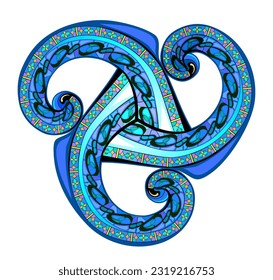 Ancient Irish symbol. Ethnic magic sign. Celtic knot pattern. Triple trickle Celtic spiral ornament. Old triskele vintage. Modern background with triskelion. Circle decoration. Vector illustration.