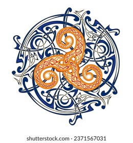 Ancient Irish symbol. Ethnic magic sign. Celtic knot pattern. Triple trickle Celtic spiral ornament. Old triskelion vintage. Print for logo, icon, coin, tattoo. Circle decoration. Vector illustration