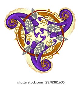 Ancient Irish symbol. Ethnic magic sign. Celtic knot pattern. Triple trickle Celtic spiral ornament. Old triskelion vintage. Print for logo, icon, coin, tattoo. Circle decoration. Vector illustration