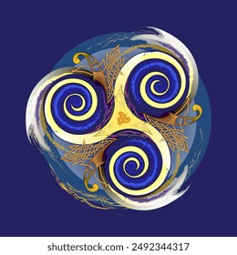 Símbolo irlandés antiguo. Signo de magia étnica. Patrón de nudo celta. Ornamento de espiral celta de triple goteo. Antigua cosecha de triskelion. Impresión para logotipo, icono, moneda, tatuaje. Decoración en espiral. Ilustración vectorial.