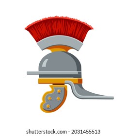 an ancient iron Roman helmet with red feathers and bronze rivets, a military attribute, a color vector illustration isolated on a white background in a cartoon style and a flat design