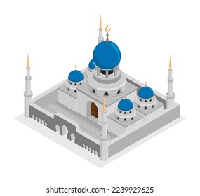 Ancient isometric temple with tall spires, muslim mosque facade with stone walls, dome and crescent symbol on top. Religious building for prayers. Realistic 3D vector isolated on white background