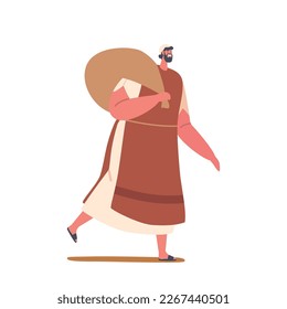 Ancient Israelite Man Walks in Journey With Possessions Including Bag or Sack Filled With Essentials Slung Over Shoulder. Male Character Dressed In Long Tunic And Sandals, Cartoon Vector Illustration