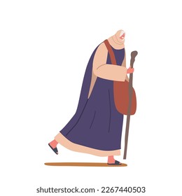 Ancient Israelite Woman Walks With Staff. Female Character Dressed In Traditional Clothing with Covered Head, Carries Bag with Belongings, Exodus Journey to Promised Land. Cartoon Vector Illustration