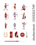 Ancient items. Greek helmets weapons papirus golden cup columns rome characters medieval writers garish vector historical collection