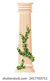 Ancient ivy covered column. Museum and exhibition. Cartoon greek or roman pillar with climbing ivy branches. Antique foliage decorated element. Cartoon flat vector isolated on white