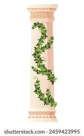 Ancient ivy covered column. Museum and exhibition. Cartoon greek or roman pillar with climbing ivy branches. Antique foliage decorated element. Cartoon flat vector isolated on white