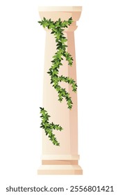 Ancient ivy covered column. Museum and exhibition. Cartoon greek or roman pillar with climbing ivy branches. Antique foliage decorated element. Cartoon flat vector isolated on white