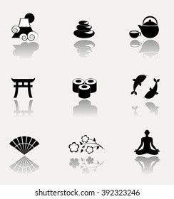 Ancient Japan. Collection of classic vector icons isolated on bright background.