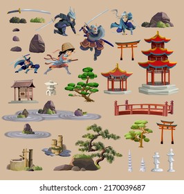 Ancient japan culture objects big set with pagoda, temple, ikebana, ninja, samurai,japanese girl,bonsai, trees, stone, garden, japanese lantern, watering can.Japan vector set collection