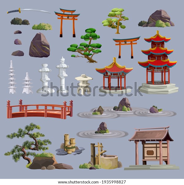 Ancient\
japan culture objects big set with pagoda, temple, ikebana, bonsai,\
trees, stone, garden, japanese lantern, watering can isolated\
vector illustration. Japan vector set\
collection