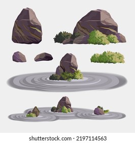 Ancient japan culture objects garden stones set. Collection with Japanese stones garden. vector set collection