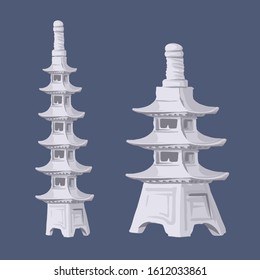 Ancient japan culture objects set with garden stone decorative pagoda isolated vector illustration. Japan vector set collection