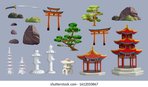 Ancient japan culture objects set with gate, pagoda, temple, ikebana, trees, stone, garden, japanese lantern isolated vector illustration. Japan vector set collection