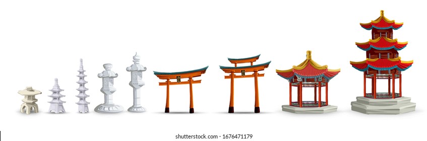 Ancient japan culture objects set with gate, pagoda, temple, garden, japanese lantern isolated vector illustration. Japan vector set collection