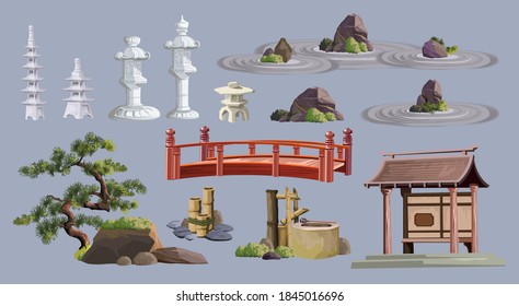 Ancient Japan Culture Objects Set With Pagoda, Temple, Ikebana, Bonsai, Trees, Stone, Garden, Japanese Lantern, Watering Can Isolated Vector Illustration. Japan Vector Set Collection