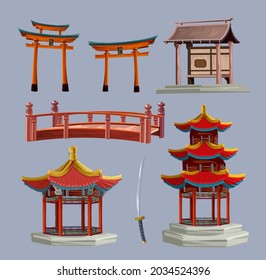 Ancient japan culture objects set with japanese gate, tory, red bridge and pagoda isolated vector illustration. Japan vector set collection